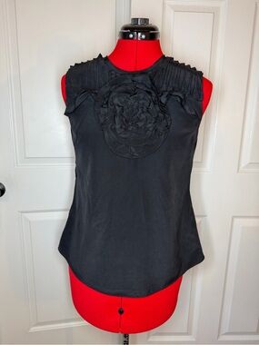 BCBGmaxazria Silk Sleeveless Tunic Top Black Pleated Fabric Flower Women S